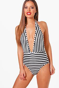 Boohoo Petite Sarah Halter Neck Stripe Swimsuit