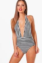 Boohoo Petite Sarah Halter Neck Stripe Swimsuit