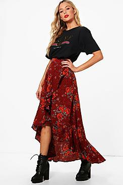 Boohoo Lauren Woven Floral Frill And Wrap Midi Skirt