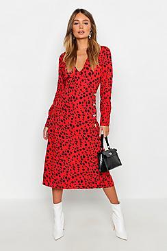 Boohoo Button Front Dalmatian Print Midi Dress