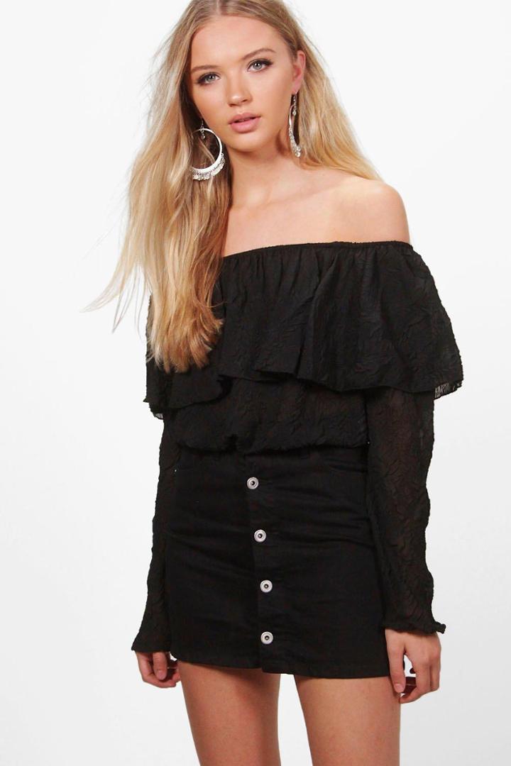 Boohoo Willow Textured Woven Off The Shoulder Top Black