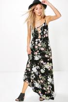 Boohoo Aiana Floral Lace Up Maxi Dress Black