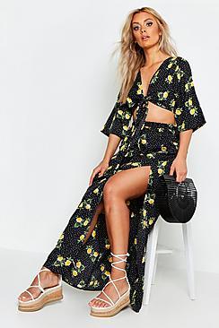 Boohoo Plus Knot Front Floral Mix Midi Skirt Co-ord Set
