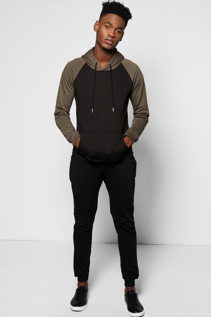 Boohoo Skinny Fit Raglan Hooded Tracksuit Black