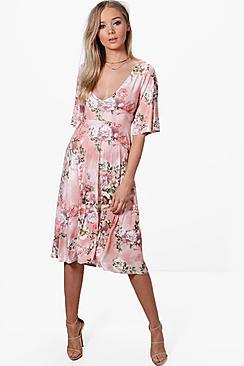 Boohoo Rachel Floral Angel Sleeve Midi Skater Dress