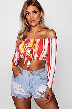 Boohoo Plus Kerry Knot Front Stripe Bardot Crop Top