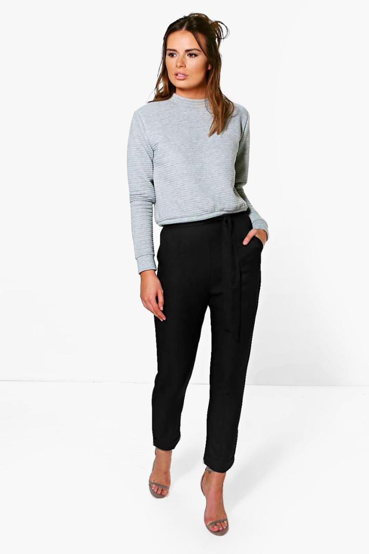 Boohoo Kate Tie Waist Turn Up Tailored Trousers Black