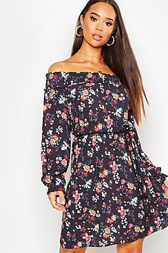 Boohoo Shirred Off The Shoulder Rope Belt Shift Dress
