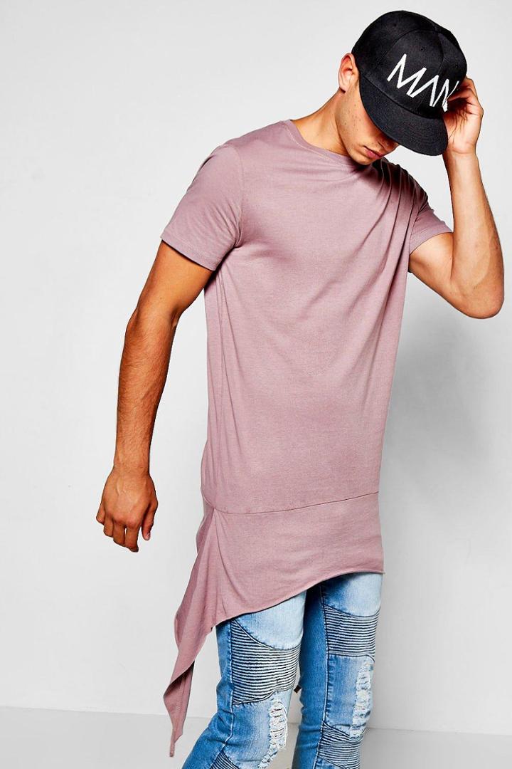 Boohoo Longline T-shirt With Split Dip Hem Brown