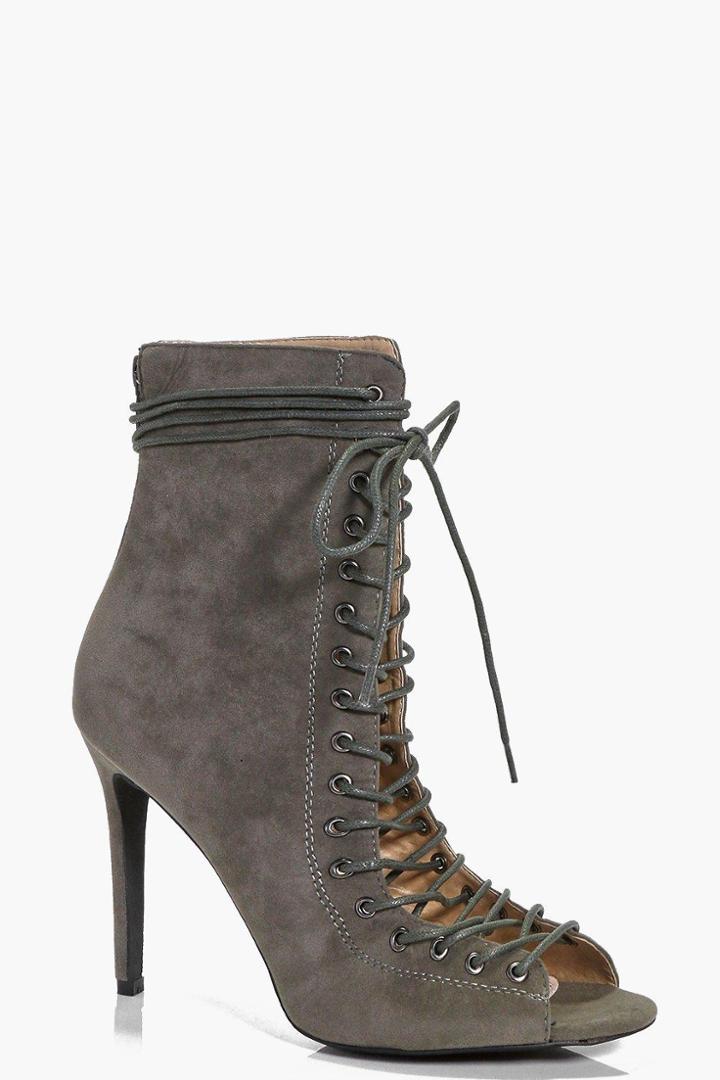 Boohoo Ivy Peeptoe Lace Up Heeled Shoe Boot Khaki