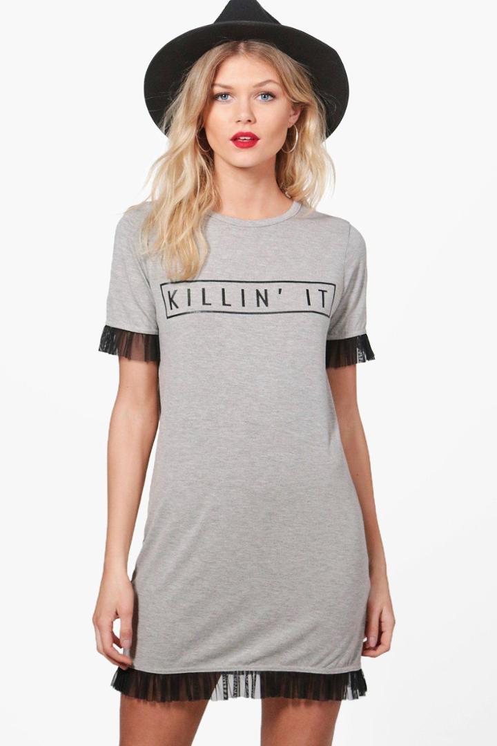 Boohoo Petite Amelia Slogan Mesh Ruffle Oversized Tee Grey