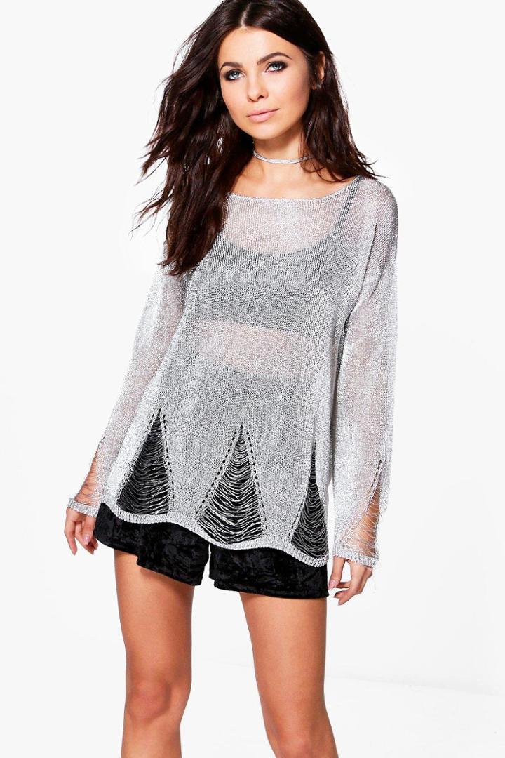 Boohoo Jessica Distressed Metallic Jumper Silver