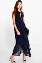 Boohoo Marcie Pleat Detail Keyhole Chiffon Maxi Dress Navy