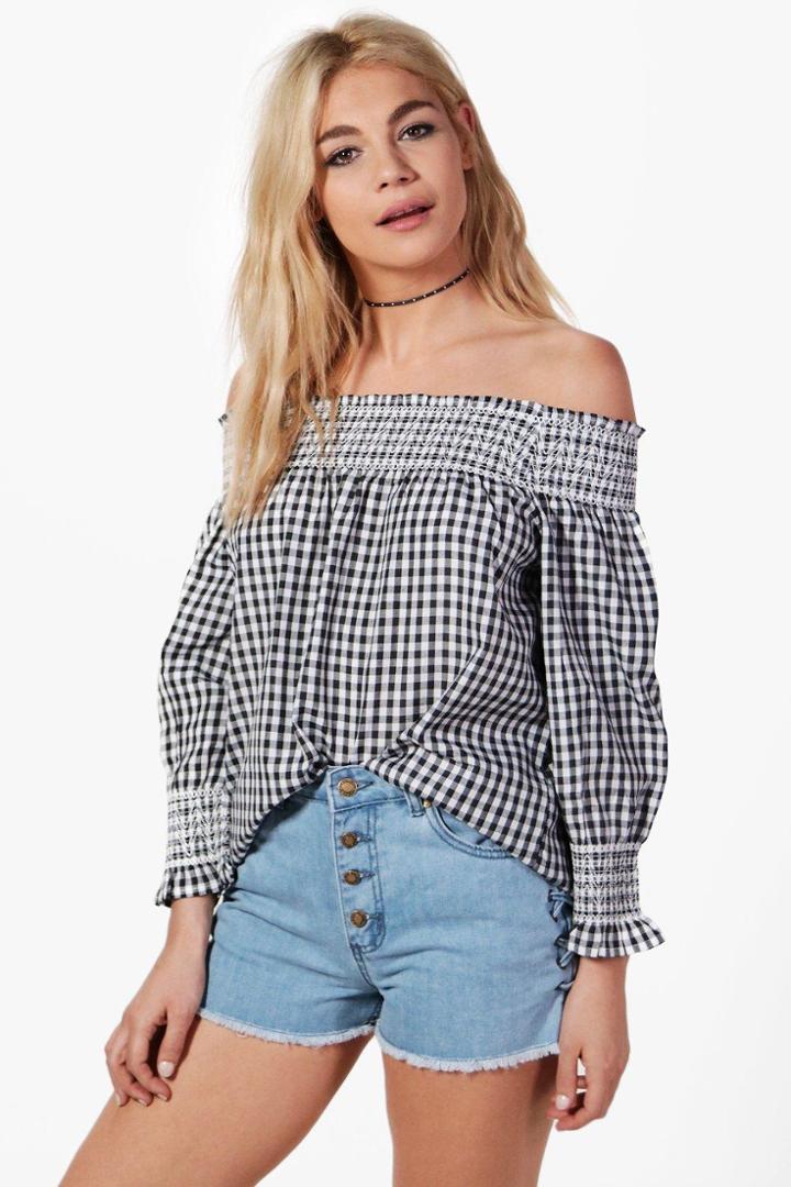Boohoo Georgina Gingham Off The Shoulder Top Black