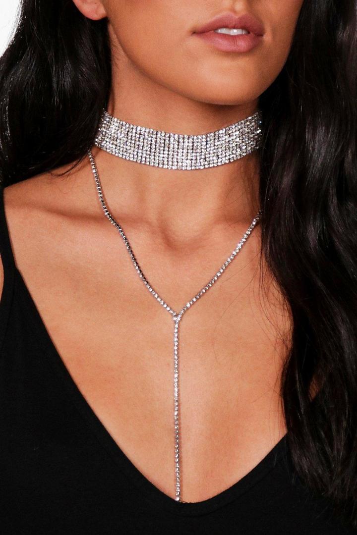Boohoo Hailey Diamante Plunge Choker Silver
