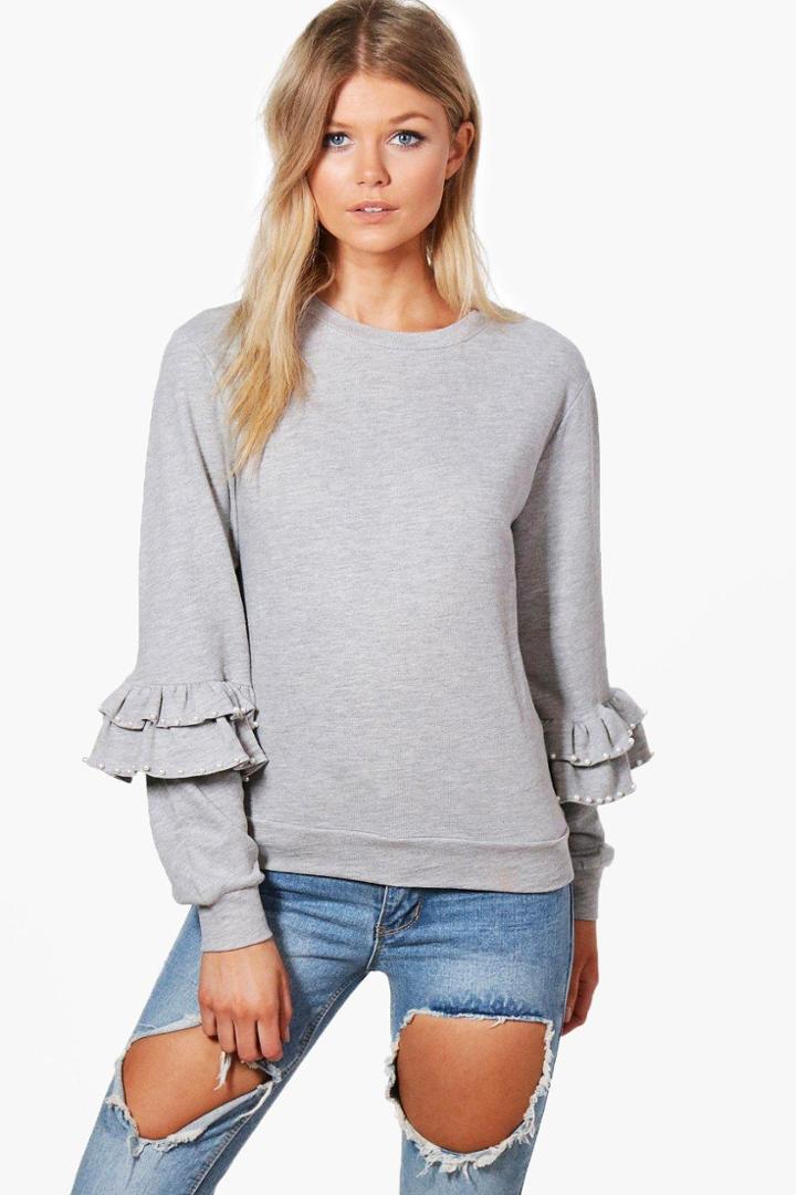 Boohoo Petite Macie Oversized Frill Detail Sweat Grey