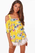 Boohoo Laura Floral Ruffle Cold Shoulder Top Yellow