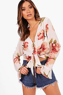 Boohoo Bella Floral Button Up Tie Neck Blouse