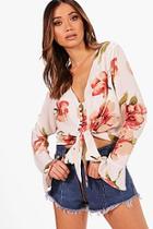 Boohoo Bella Floral Button Up Tie Neck Blouse