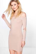Boohoo Petite Ivy Cut Out Sleeve Bodycon Dress Sand