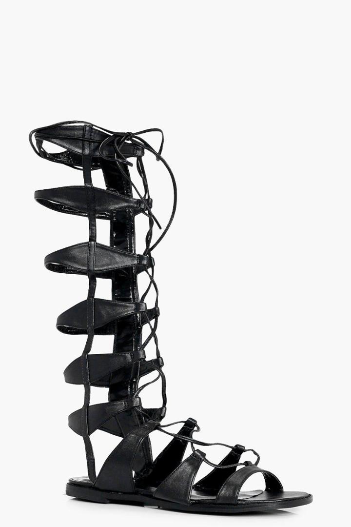 Boohoo Karen Ghillie Cage Gladiator Knee High Sandal Black