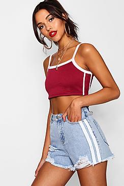 Boohoo Tall Mia Sports Stripe Denim Shorts