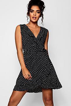 Boohoo Rosie Ruffle Neckline Spot Print Wrap Dress