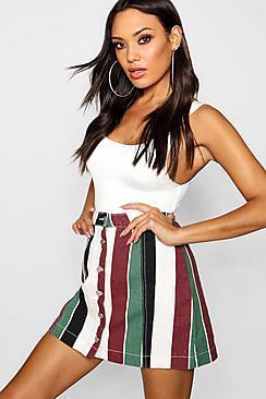Boohoo Bold Stripe Button Through Denim Skirt