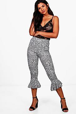 Boohoo Georgia Gingham Floral Ruffle Hem Trousers