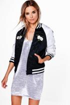 Boohoo Bella Satin Quilted Bomber With Floral Patches Black