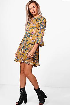 Boohoo Katie Multi Ruffle Skater Tea Dress