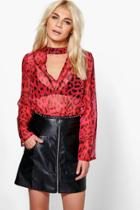 Boohoo Holly Leopard Print Open Neck Detail Blouse Red