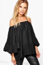 Boohoo Emma Cold Shoulder Ruffle Sleeve Top Black