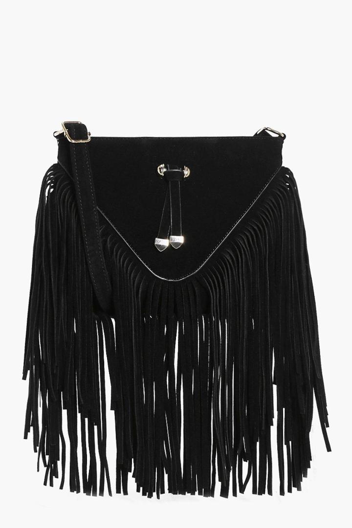 Boohoo Natalia Fringed Suedette Cross Body Bag Black