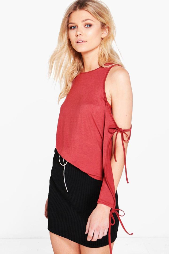 Boohoo Petite Danielle Open Shoulder Tie Detail Top Cinnamon