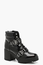 Boohoo Patent Double Strap Lace Up Chunky Hiker Boots