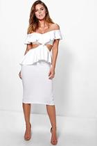Boohoo Mia Frill Off Shoulder Peplum Midi Dress