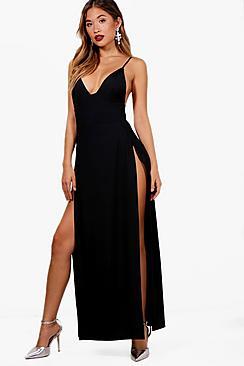 Boohoo Plunge Neck Super High Split Maxi Dress