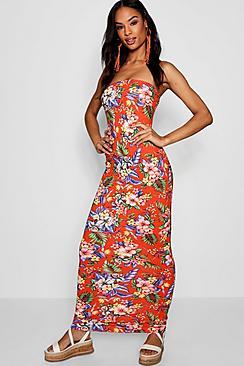 Boohoo Tall Tropical Print Bandeau Jersey Maxi Dress