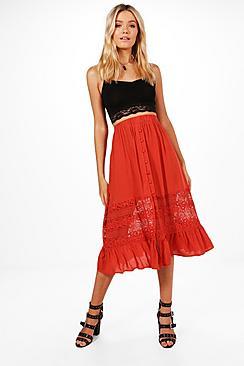 Boohoo Adalia Lace Insert Button Front Midi Skirt