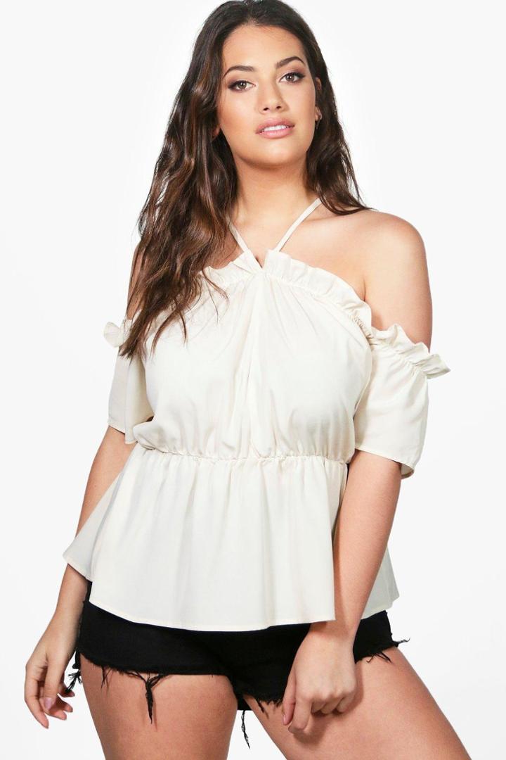 Boohoo Plus Hana Ruffle Open Shoulder Cami Nude