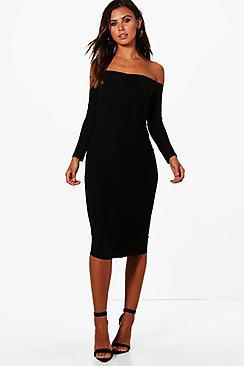Boohoo Petite Soph Bardot Ruched Mini Dress