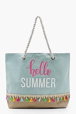 Boohoo Ava Canvas And Straw Tassel Slogan Beach Bag