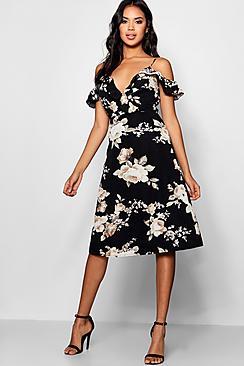 Boohoo Floral Frill Midi Skater Dress