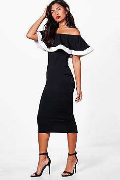 Boohoo Tipping Detail Frill Bardot Midi Dress