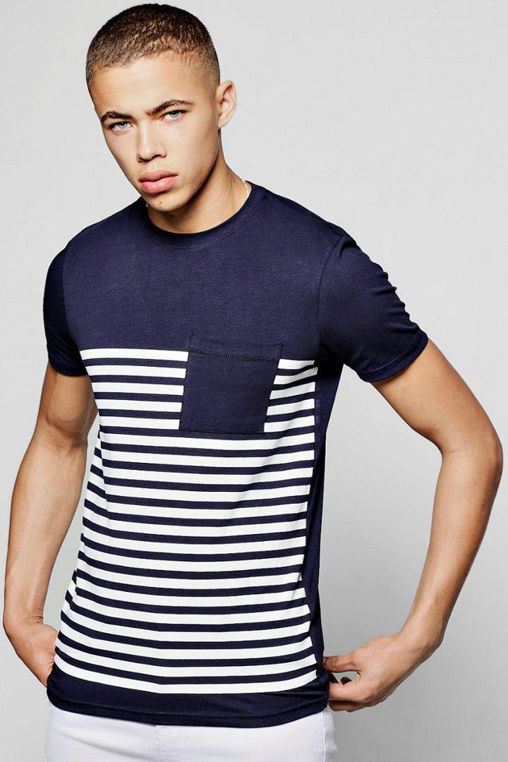Boohoo Muscle Fit Stripe Print T-shirt Navy