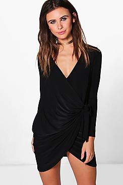 Boohoo Petite Rae Drape Knot Detail Dress
