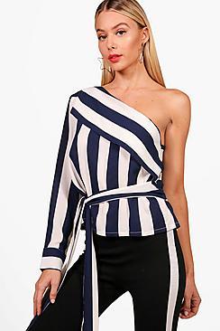 Boohoo Beth One Shoulder Stripe Tie Top