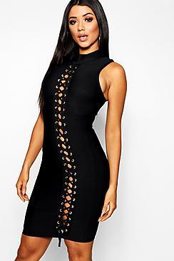 Boohoo High Neck Bandage Eyelet Bodycon Dress