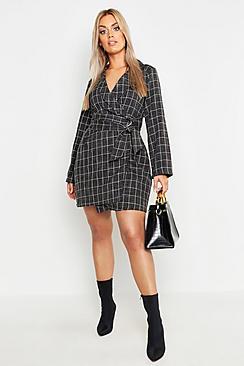 Boohoo Plus Check Belted Blazer Dress